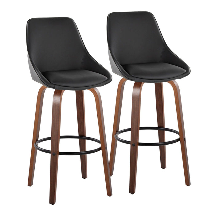Diana - 30" Fixed-Height Barstool With Swivel And Round Black Metal Footrest (Set of 2) - Walnut Wood
