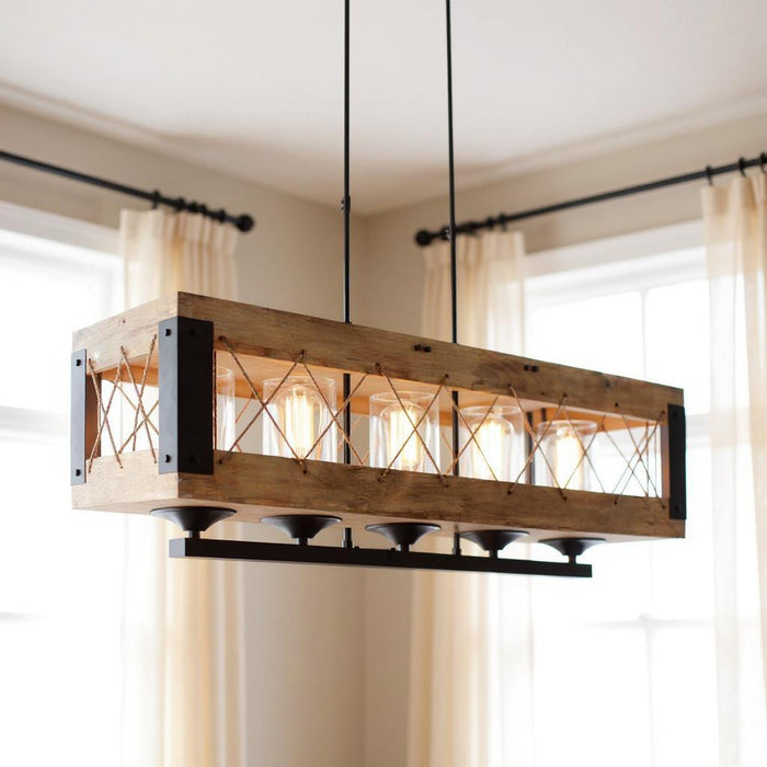 HomeRoots five-light wood and seeded glass chandelier with shades, ideal for kitchen island lighting in brown and black finishes.