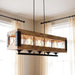 HomeRoots five-light wood and seeded glass chandelier with shades, ideal for kitchen island lighting in brown and black finishes.