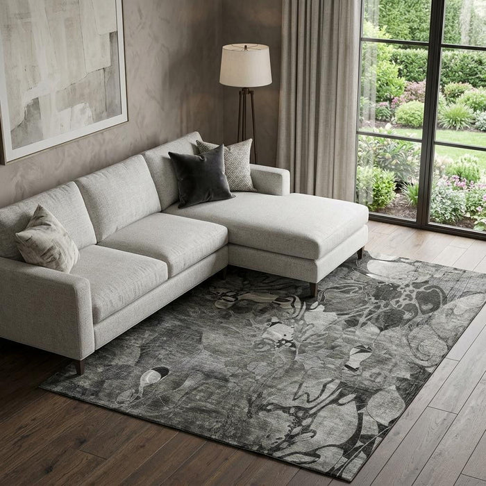 8' X 10' Abstract Distressed Washable Area Rug With UV Protection (648986) - Gray / Ivory