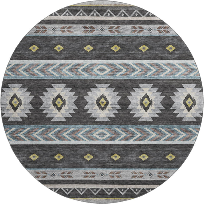 8' Geometric Washable Round Rug With UV Protection (645663) - Midnight / Gold / Ivory