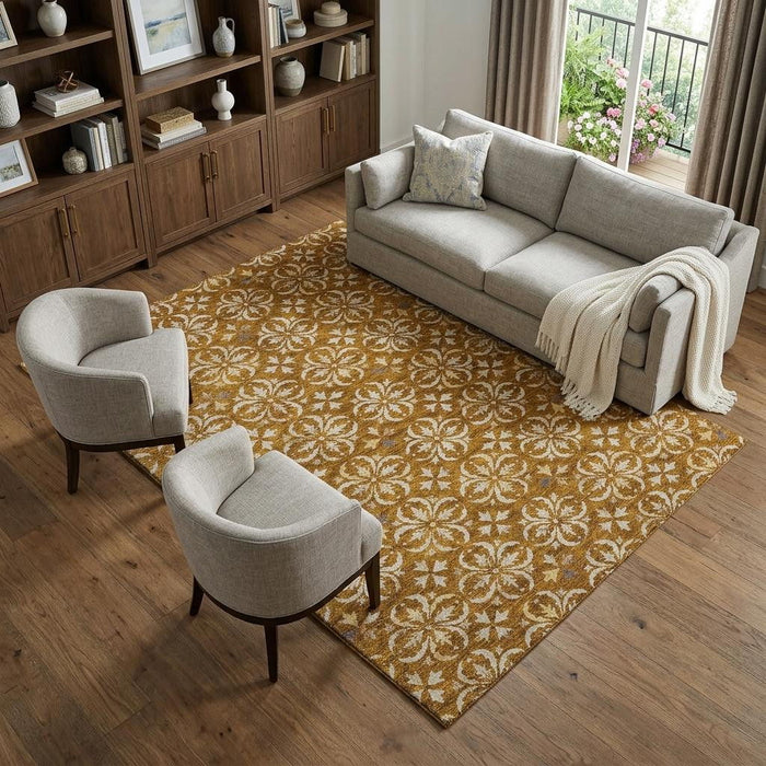10' X 14' Floral Washable Area Rug With UV Protection (673963) - Rust / Beige