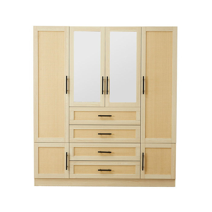 HomeRoots 70-inch wood and rat mirror six-door, four-drawer combo dresser in natural finish, showcasing its spacious wardrobe and storage.