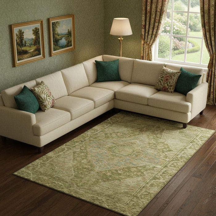 10' X 14' Oriental Washable Area Rug With UV Protection (700511) - Artichoke Green / Beige