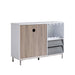 Giga wooden wine cabinet with drawer, white and dark taupe finish, holding six wine glasses on display rack.