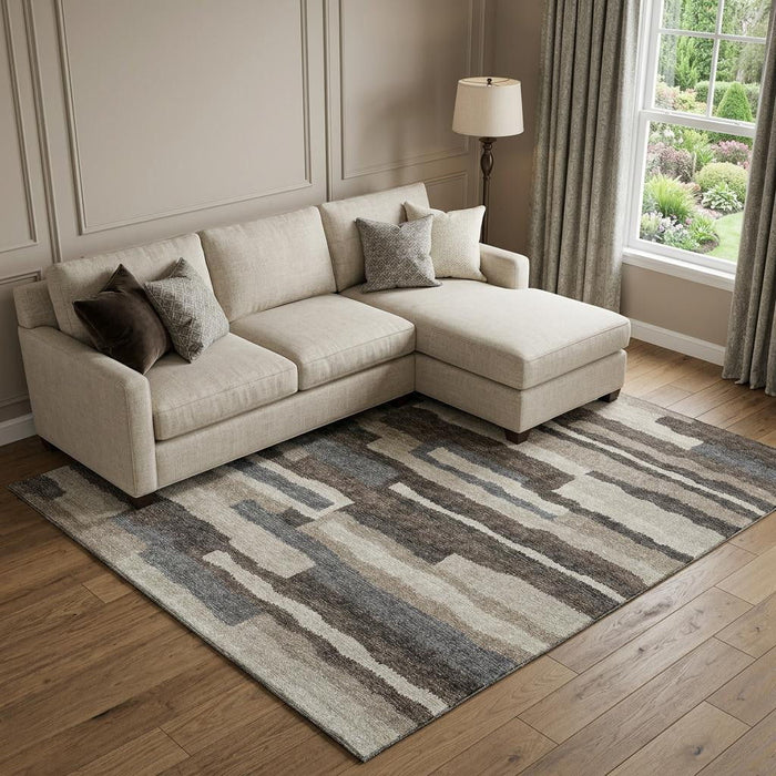9' X 12' Abstract Distressed Washable Area Rug With UV Protection (644131) - Brown / Ivory / Gray