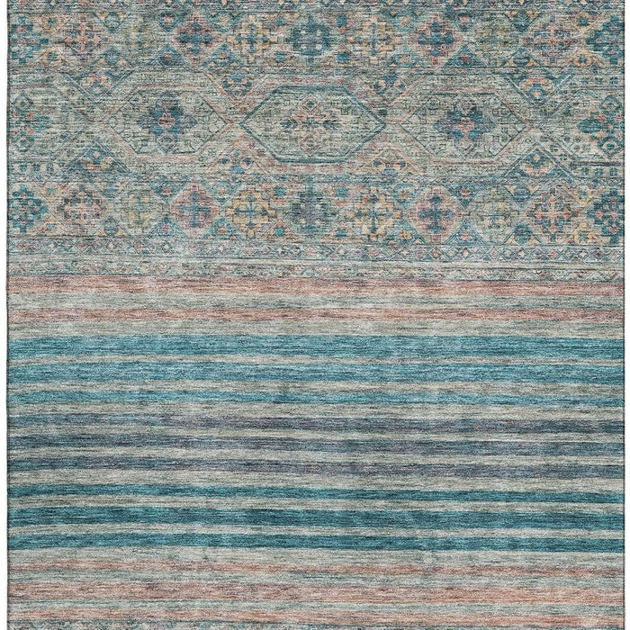 10' X 14' Striped Washable Area Rug With UV Protection (695756) - Teal / Peach / Gray