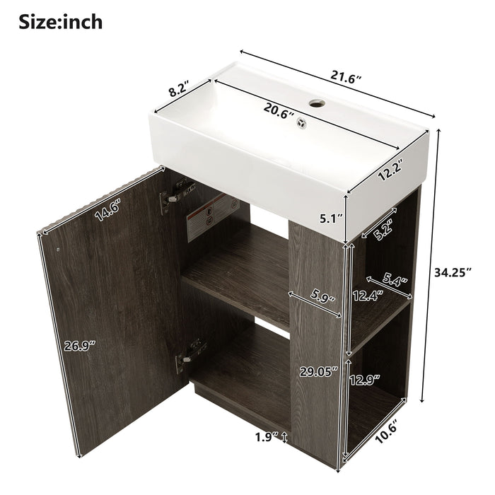 Giga bathroom vanity with sink, freestanding wood grain cabinet featuring storage drawers and modern design.
