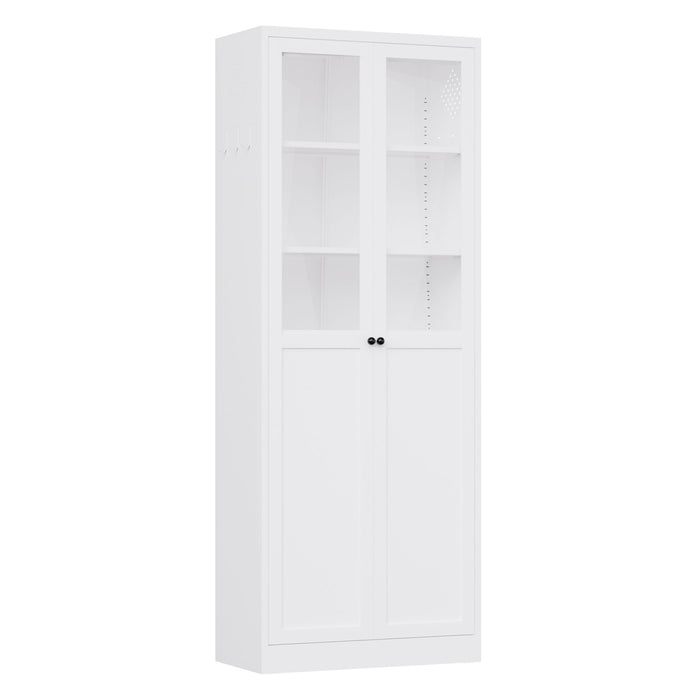 White Giga tall metal kitchen pantry cabinet with adjustable shelves and silent magnetic doors, ideal for organized storage.