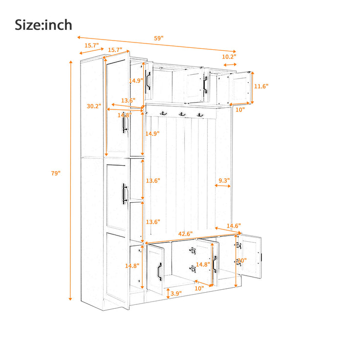 Tall Hall Tree With Shoe Storage, 4 In 1 Entryway Bench With 6 Cabinets, 4 Coat Hooks & Adjustable Shelf For Hallway - White