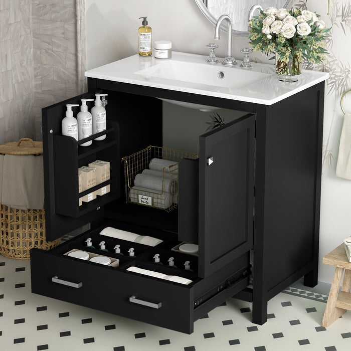Giga bathroom vanity with single sink, solid wood frame, two-door storage, drawer, and soft-close hinges in a modern design.