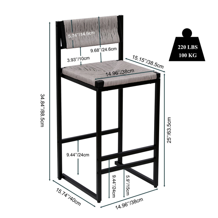 Set of 2 Giga bar stools with paper rope weave design, back support, suitable for kitchen island, bar, or counter seating.