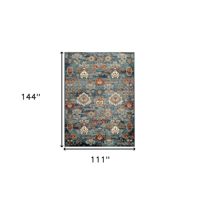 9' x 12' Oriental Power Loom Area Rug - Teal Rust And Orange