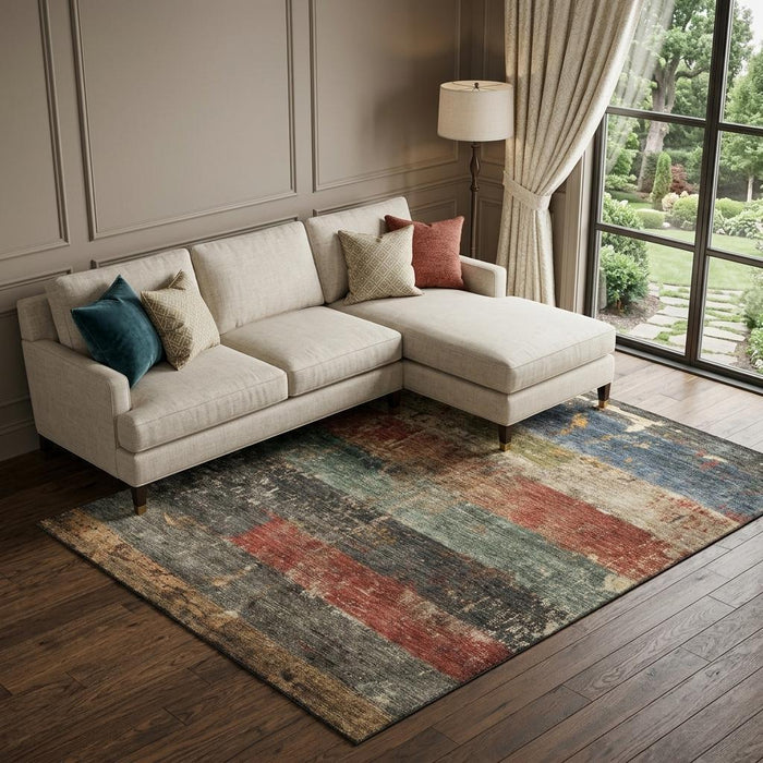 10' X 14' Striped Washable Area Rug With UV Protection (688310) - Fern Green / Blue / Red