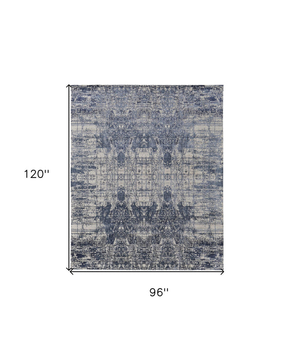 8' x 10' Abstract Hand Woven Worn Faded Area Rug - Blue And Ivory