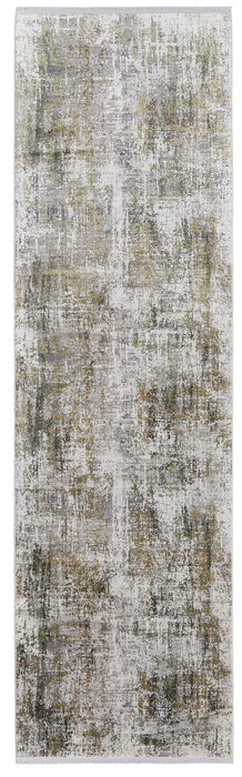 10' Abstract Power Loom Runner Rug With Fringe - Gray And Ivory