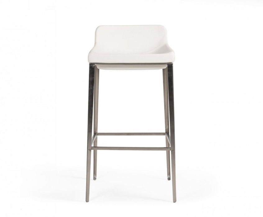 Faux Leather And Stainless Steel Low Back Bar Height Bar Chair - White And Silver