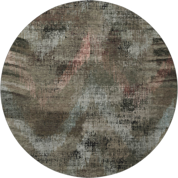 8' Abstract Washable Round Rug With UV Protection - Brown And Gray