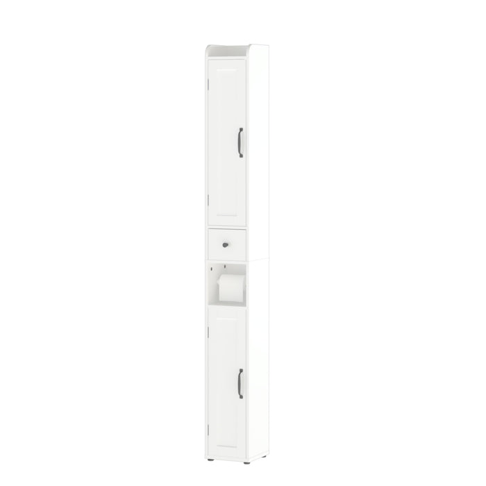 Giga slim tall white bathroom storage cabinet with two doors and adjustable shelves, ideal for linen and bathroom organization.