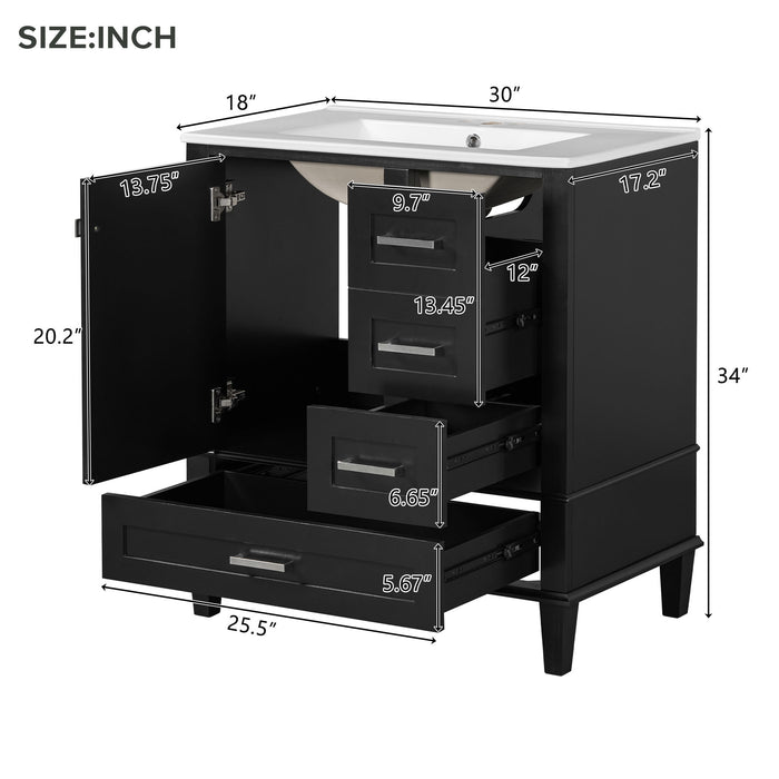 Modern Giga bathroom vanity with sink, solid wood frame, soft-closing door, and three drawers for stylish bathroom storage.