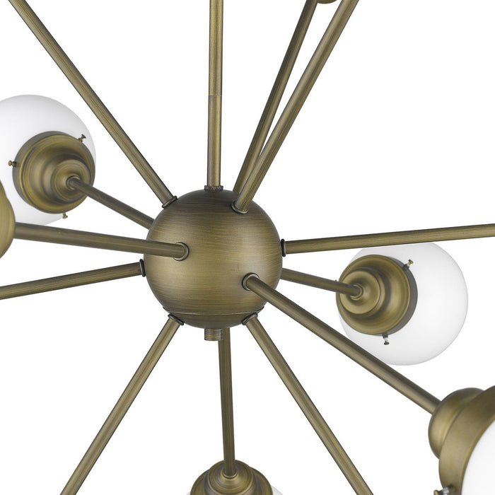 HomeRoots Sputnik twelve-light chandelier with frosted metal and off-white shades in bronze and white, dimmable lighting fixture