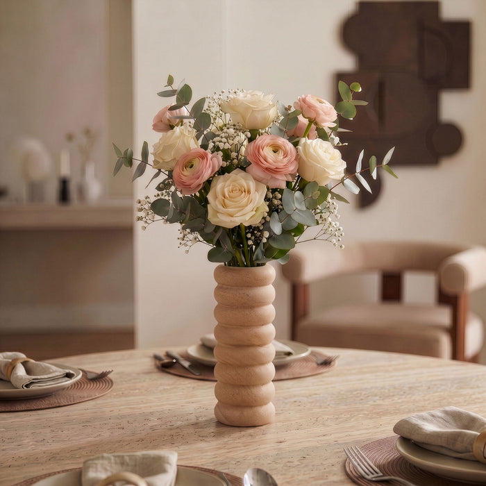 Rousse Sandstone Vase by Meridian Furniture, a stylish sand-colored ceramic vase with a smooth finish for decorative display.