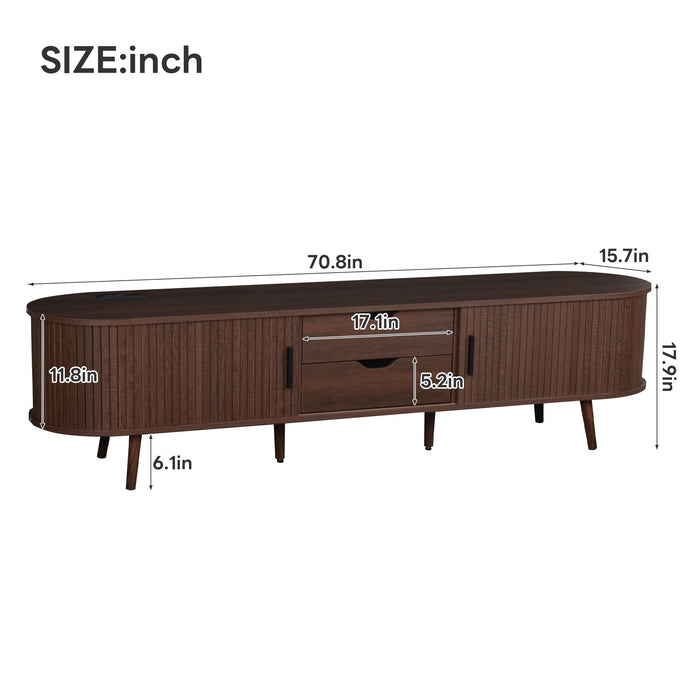 Dark brown Giga TV stand for 70-inch TV with tambour doors, drawers, and built-in power outlet, showcasing its storage and modern design.