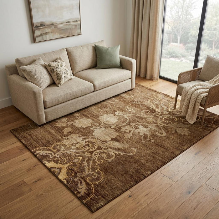 5' X 8' Floral Hand Knotted Area Rug (744171) - Brown / Tan / Ivory