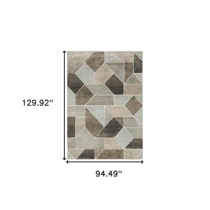 8' x 11' Geometric Power Loom Stain Resistant Area Rug - Gray Brown Beige Tan Taupe And Ivory