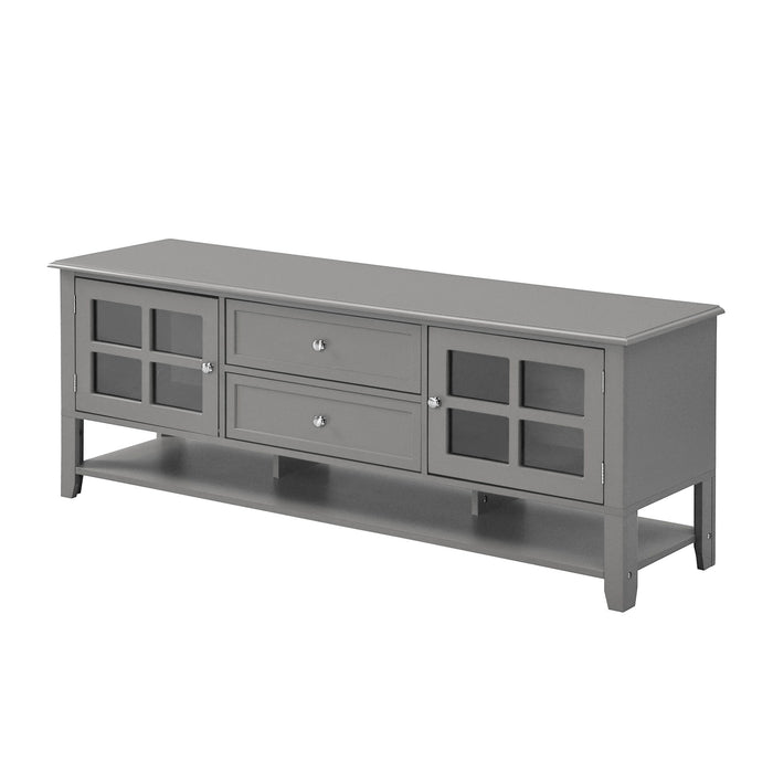 Giga TV stand with sleek panel design, dual drawers, hidden storage, and soft-close cabinet doors for modern entertainment rooms.