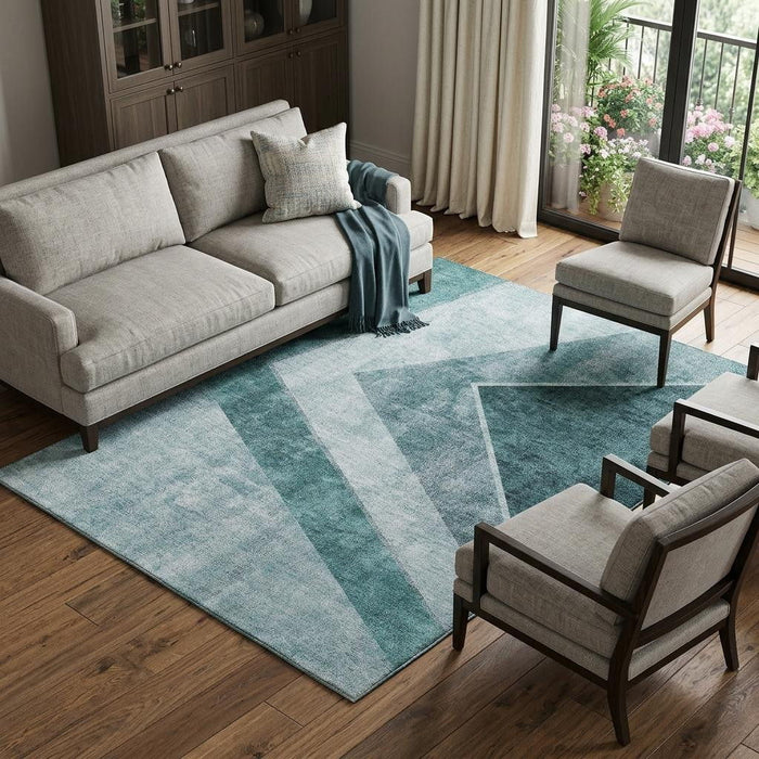9' X 12' Geometric Washable Area Rug With UV Protection (655578) - Teal / Ivory