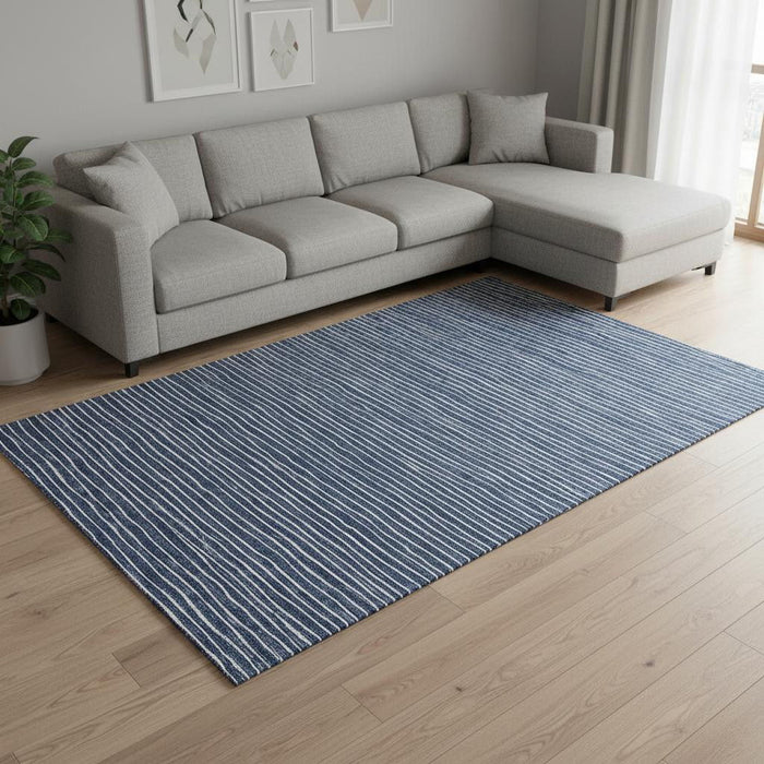 10' X 14' Striped Washable Area Rug With UV Protection (645223) - Navy Blue / Ivory