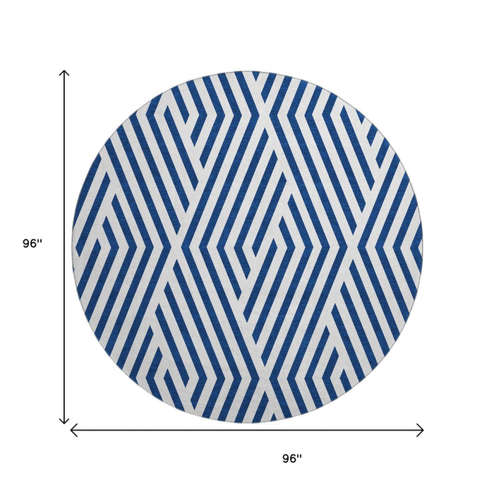 8' Geometric Washable Round Rug With UV Protection (648565) - Navy Blue / Ivory