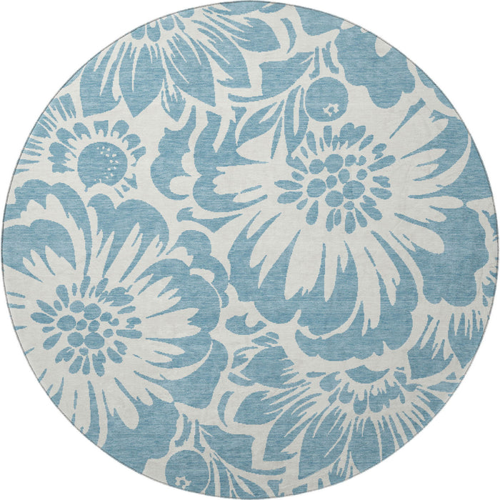 8' Floral Washable Round Rug With UV Protection (648637) - Denim Blue / Ivory