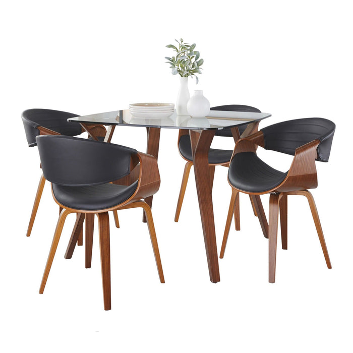 Folia - Symphony 5 Piece Square Dining Set - Clear Glass, Walnut Wood, Black Faux Leather