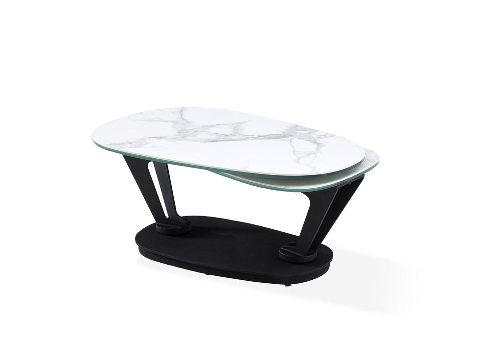 HomeRoots 36-inch faux marble and metal oval coffee table in white and black with modern design.
