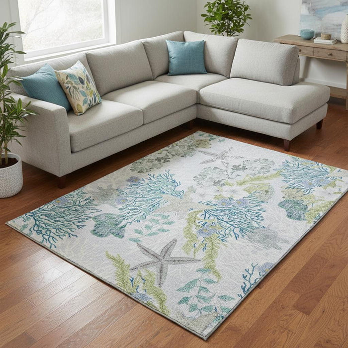 10' X 14' Geometric Washable Area Rug With UV Protection (645696) - Aqua / Ivory / Green