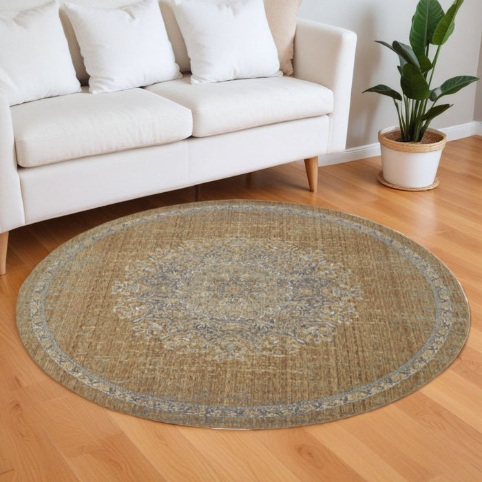 9' Machine Woven Floral Medallion Round Indoor Area Rug - Coffee Brown