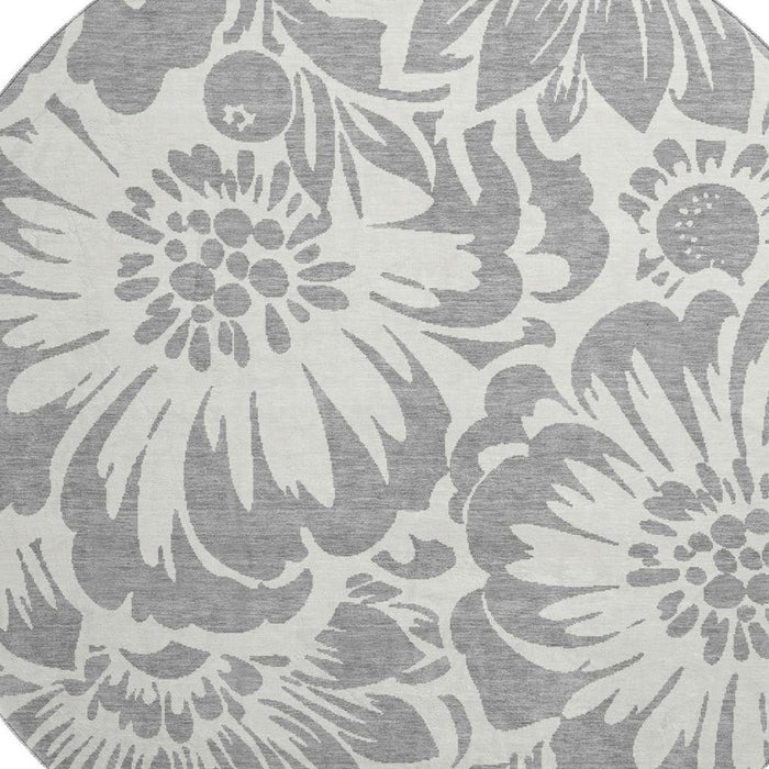 8' Floral Washable Round Rug With UV Protection (648649) - Gray / Ivory