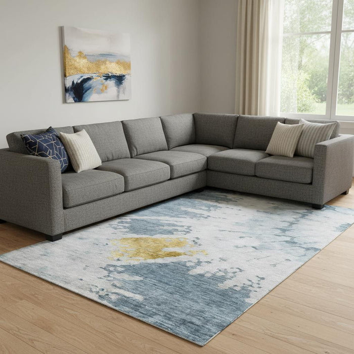 10' X 14' Abstract Washable Area Rug With UV Protection (651292) - Blue / Gold / Ivory