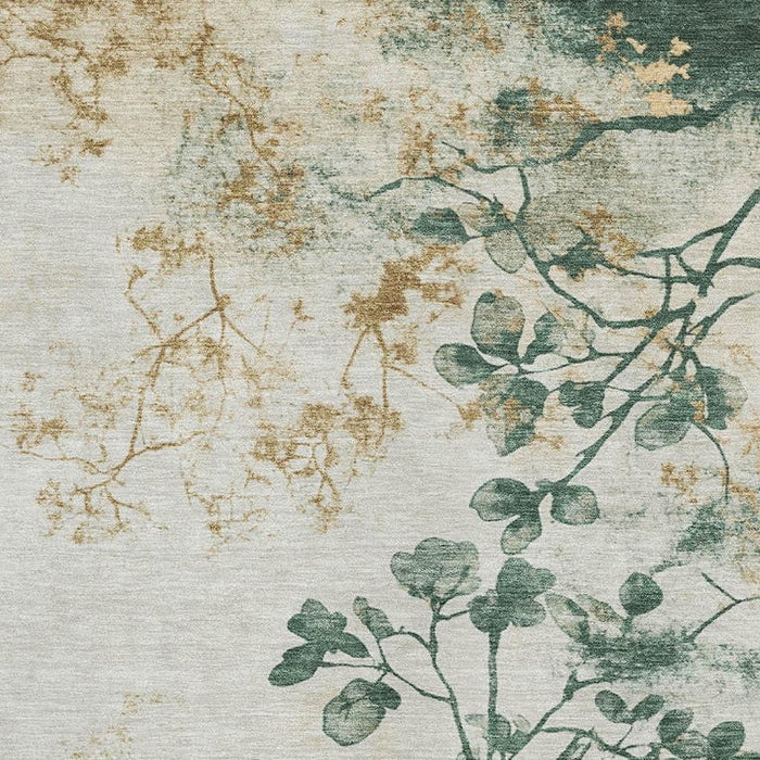 10' X 14' Floral Washable Area Rug With UV Protection (701581) - Emerald / Ivory / Gold