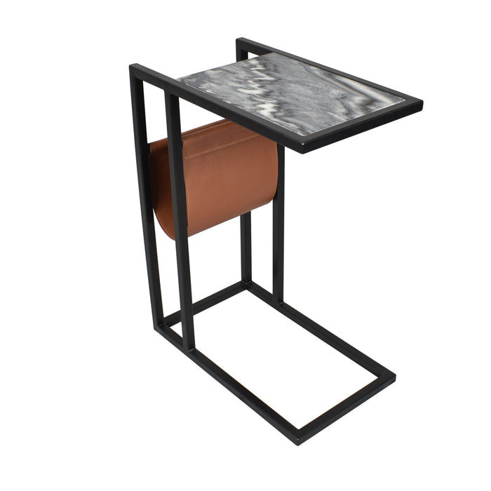 Marble Leather Iron End Table With Magazine Holder - Black / White / Brown