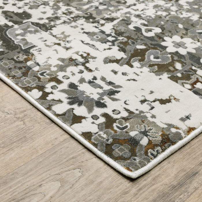 5' x 8' Oriental Power Loom Stain Resistant Area Rug - Ivory Gray Charcoal Rust Gold And Brown
