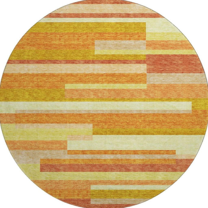 8' Striped Washable Round Rug With UV Protection - Orange And Gold
