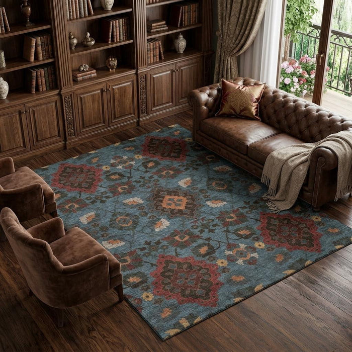 10' X 14' Oriental Washable Area Rug With UV Protection (678844) - Denim Blue / Red / Salmon