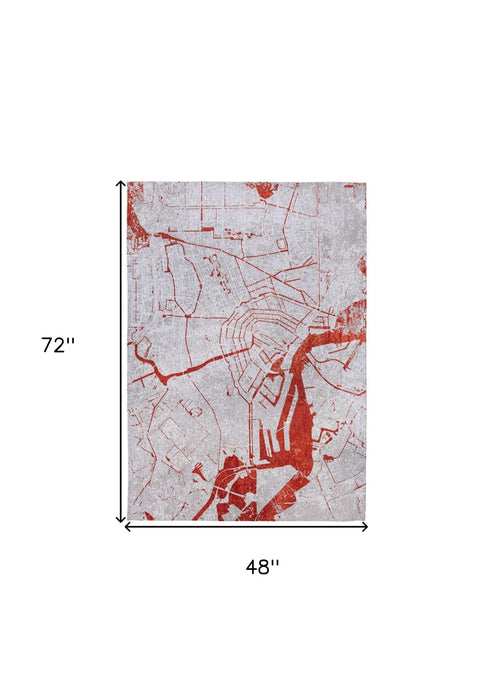 5' x 7' Abstract Non Skid Area Rug - Red And White