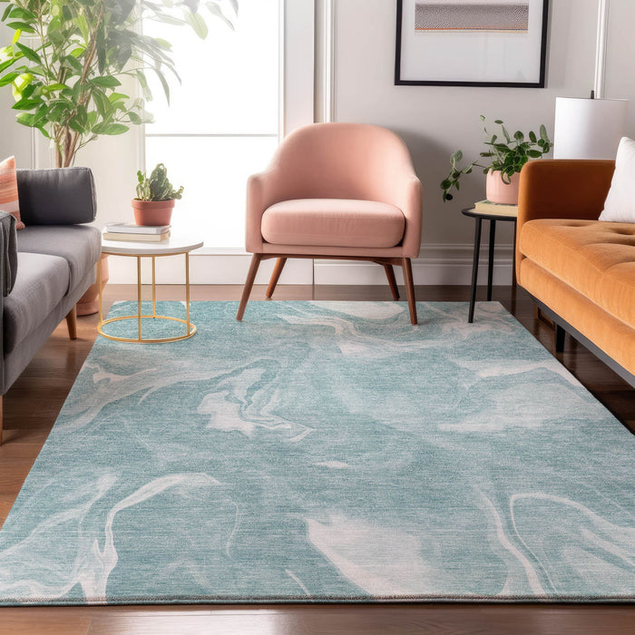 9' X 12' Abstract Washable Area Rug With UV Protection - Teal And Ivory