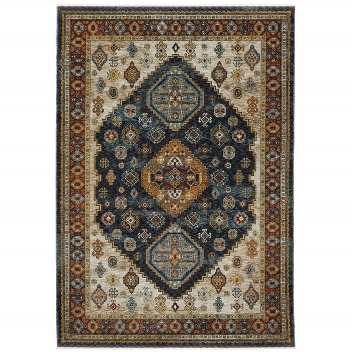 10' x 13' Oriental Power Loom Stain Resistant Area Rug With Fringe - Blue Red Beige Orange Gold And Tan
