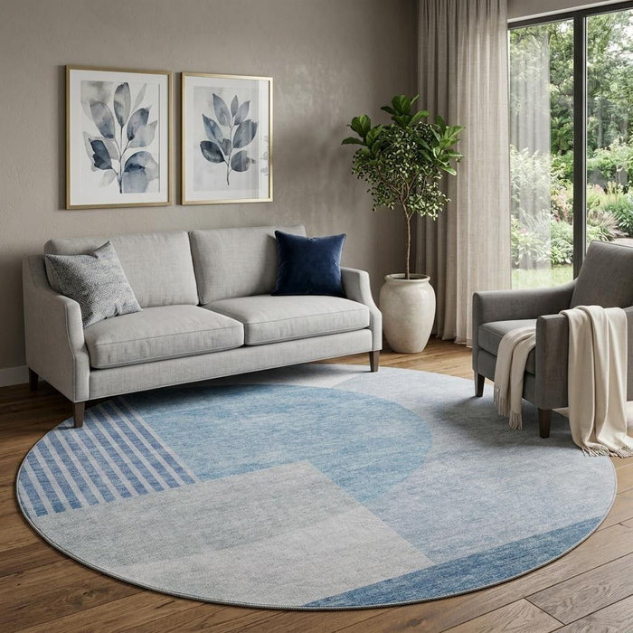 8' Geometric Washable Round Rug With UV Protection (655821) - Blue / Ivory
