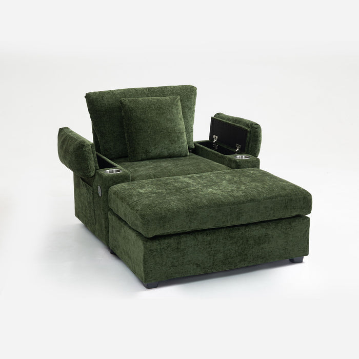 Giga modern oversized stationary chair with matching ottoman, cupholders, and USB charging ports in a contemporary living room setting.
